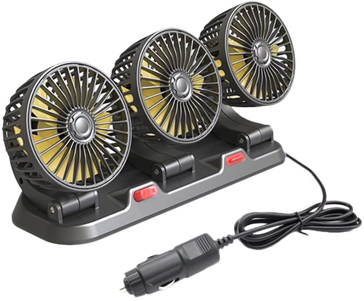 Dailygoody - Driekops-autoventilator - 12 V ventilator - Draaibaar en verstelbaar - Zwart en geel - Ideaal voor vrachtwagen en camper - Inclusief siga