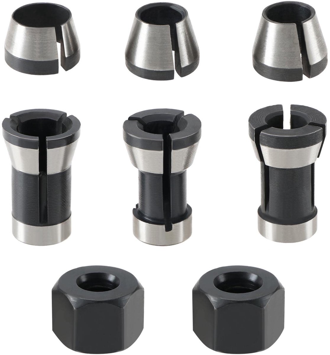 Dailygoody - Router Bit Spantang Set - 8 Stuks - Hoge Precisie - 6mm 6.35mm 8mm - Klem Adapter - Geschikt voor Graveermachine - Inclusief Schroefmoere