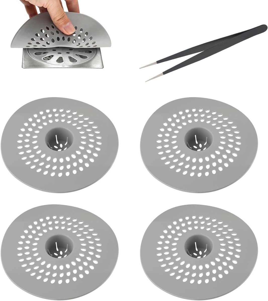 Set van 4 Siliconen Afvoerzeven met Pincet, Universele Haarvanger voor Douche, Bad en Wastafel, Effectieve Bescherming tegen Haar en Geuren, Ideaal voor Huishoudelijk Gebruik