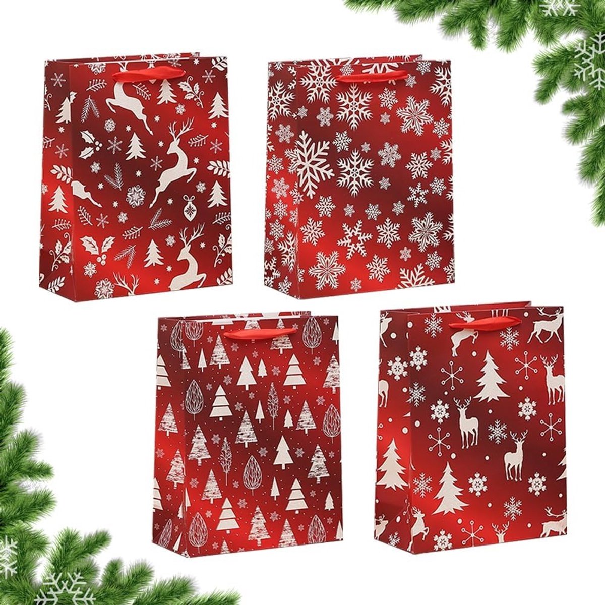 4 Stuks Rode Papieren Cadeautassen met Handvat voor Kerstmis, Feestjes en Bruiloften