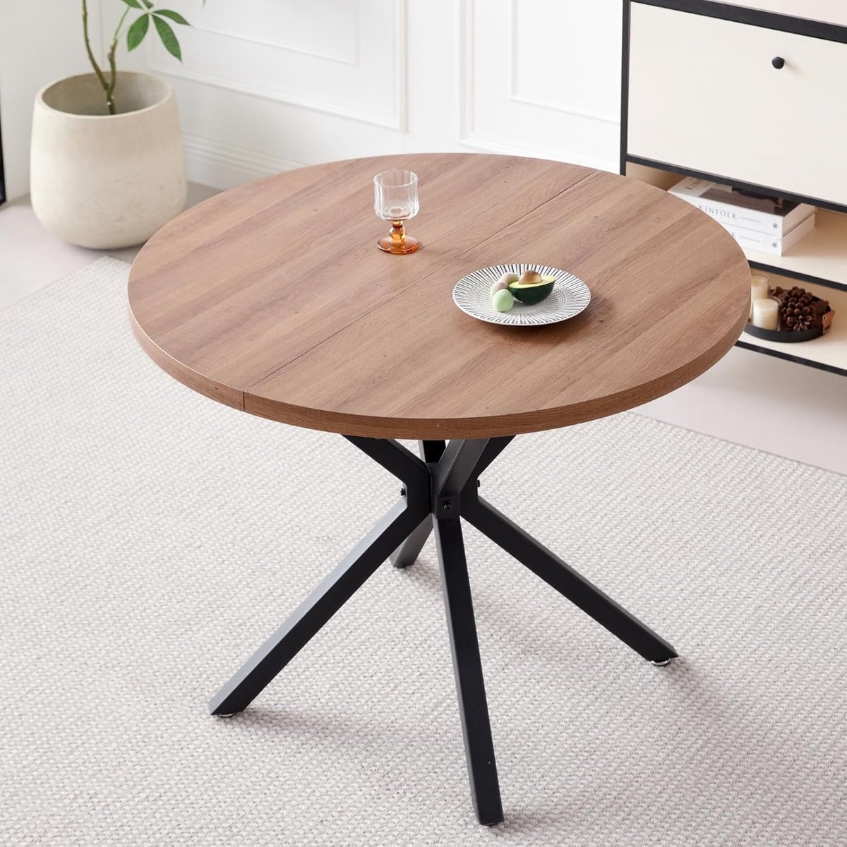 Ronde Eettafel Set 100 cm met 4 Velvet Eetkamerstoelen – Moderne Keukentafel en Woonkamer Set – 100x100x76,5 cm – Donker Hout & Zwart