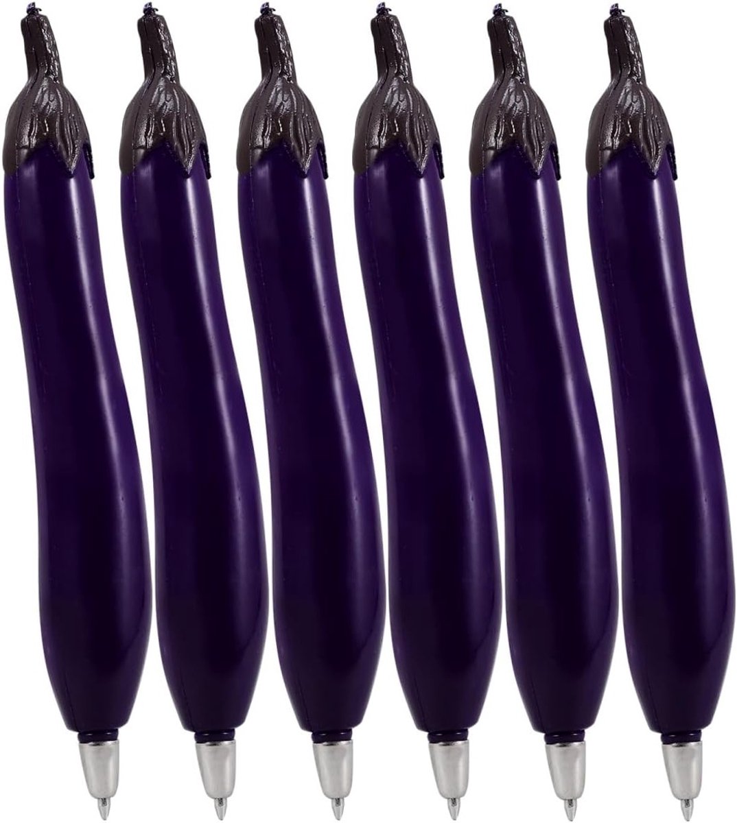 Unieke Set van 6 Kunstmatige Aubergine Balpennen - Creatieve Groente Pennen voor Studenten, Herbruikbare en Leuke Kantooraccessoires in Paars