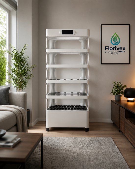 Een witte, vijf-laagse kweekunit staat in een woonkamer naast een bank en een salontafel. Een poster van Florivex hangt aan de muur.