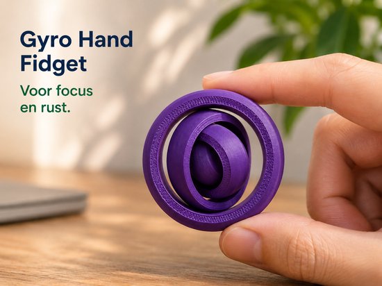 Paarse gyro hand fidget met 'Gyro Hand Fidget' en 'Voor focus en rust.' tekst.