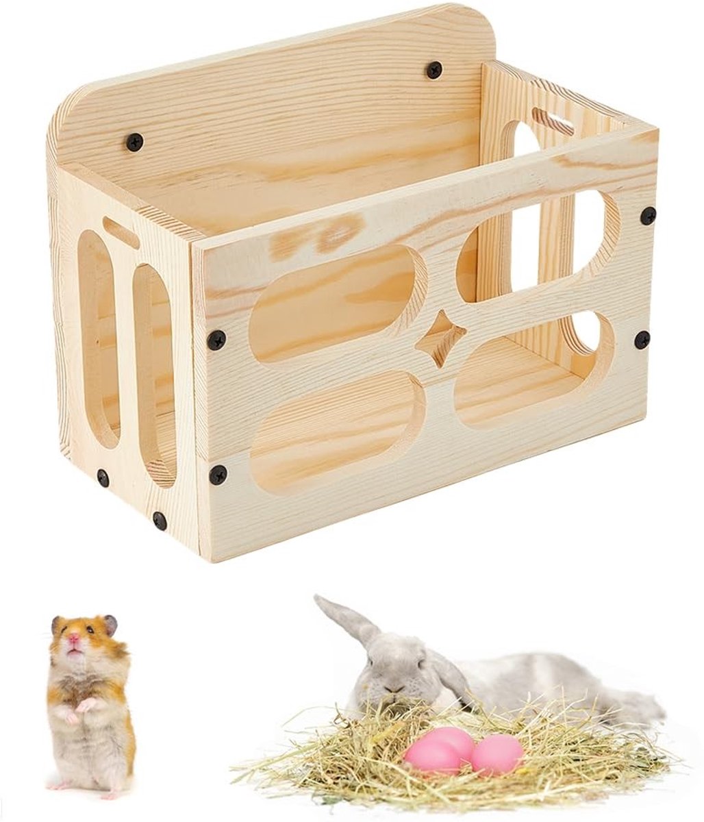 Dailygoody - OmGoods - Dailygoody - Hooi Feeder - Houten Kribbe - Voedsel Dispenser - 140 x 105 mm - Geschikt voor Cavia's en Konijnen - Ideaal voor Kleine Dieren