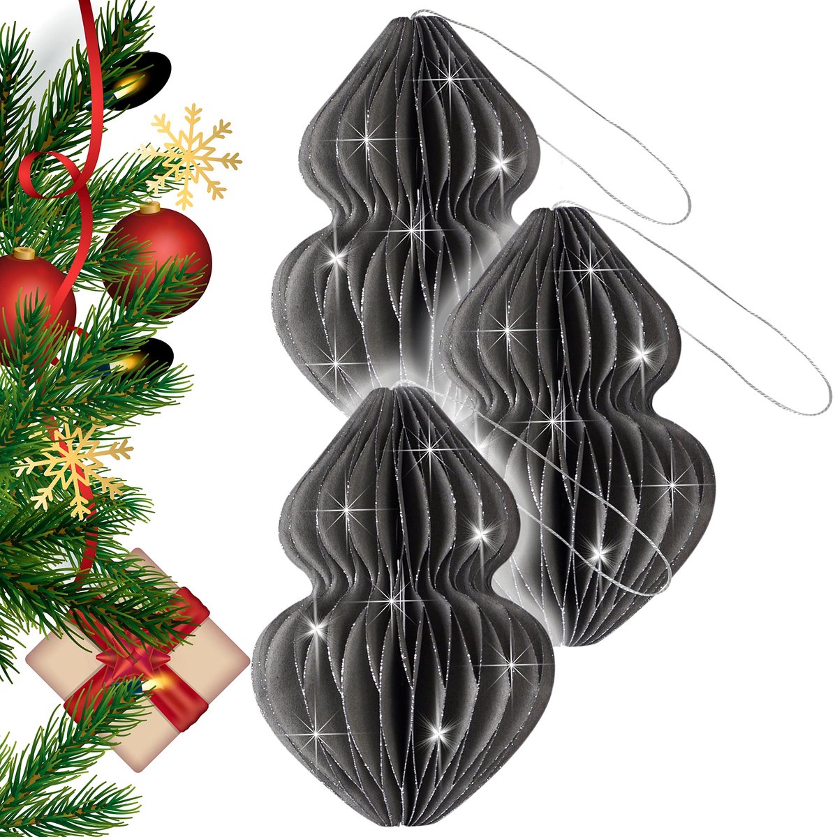 Dailygoody - Kerstversiering - Ornament bal set van 3 - Grijs - Decoratie voor Kerstmis - Houten en papieren ornamenten - Geschikt voor alle gelegenhede
