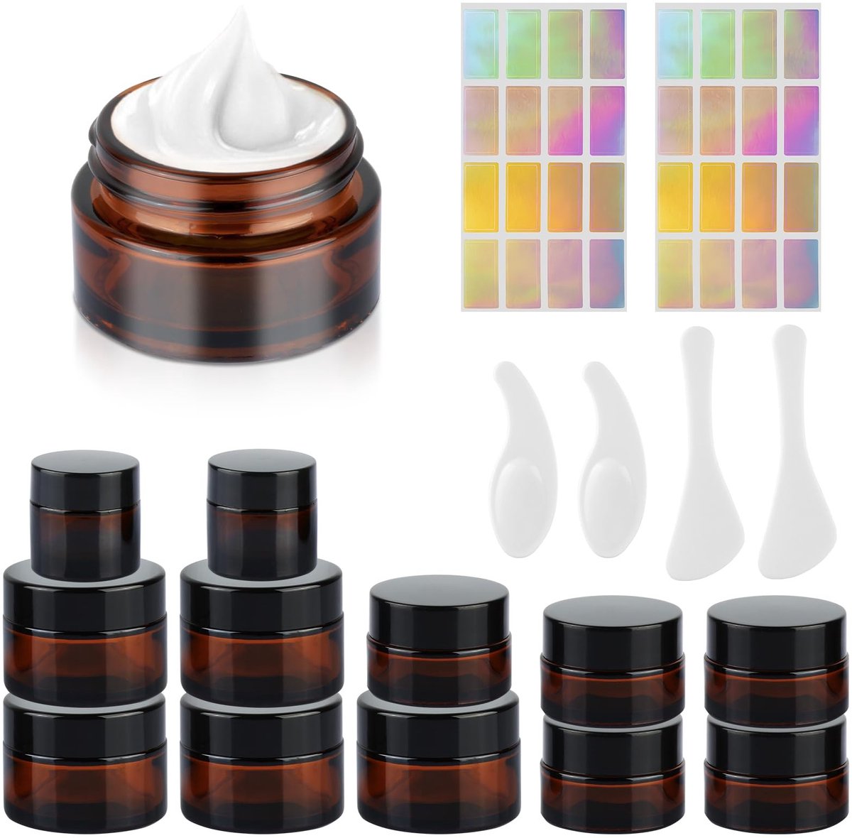 Dailygoods - Cosensi - Dailygoody - Amber Glazen Flesjes - Lege Cosmetische Potjes - Inclusief Spatula's - 10/20/30 ml - Voor Crème en Olie - Herbruikbaar - 12 Stuks