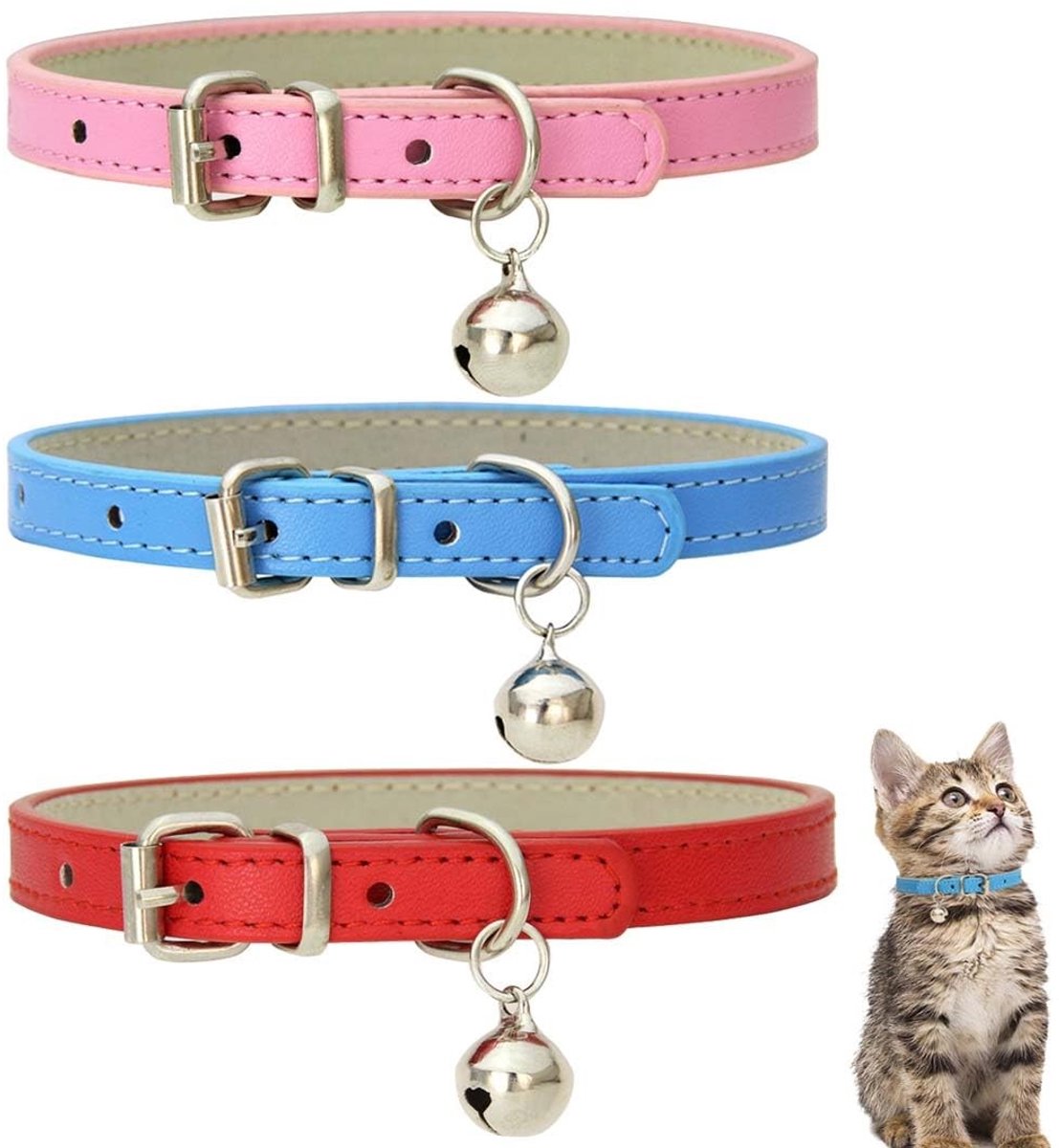 Dailygoody - Kattenhalsband - Veiligheidshalsband - Handgemaakt leer - Rood blauw roze - Met bel - Geschikt voor alle katten - 20-28 cm