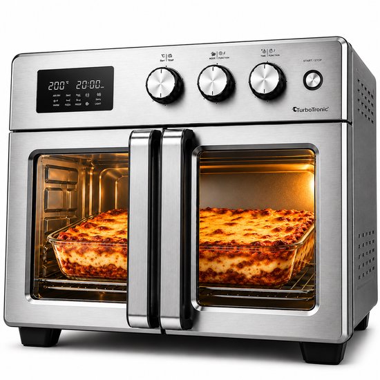 TurboTronic AFD32 Airfryer XXL en Oven – Dubbele Deur - 32 Liter – Extra accessoires - 12 kookprogramma's - Timer tot 99 min. - 25 tot 230 graden - Zilver