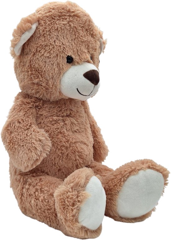 Zittende bruine teddybeer met zachte vacht, zwarte oogjes, witte snuit en bruine neus.