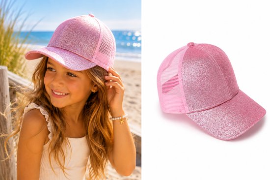 Meisjes Pet Glitter Roze – Verstelbare Baseball Cap met Opening voor Staartje – 5-10 Jaar