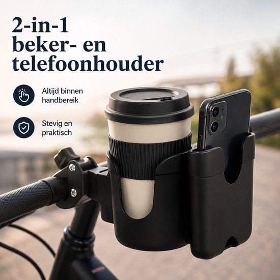 2-in-1 Bekerhouder met Telefoonhouder - Universele Fiets Bekerhouder - Buggy Bekerhouder - Kinderwagen Accessoire - Scooter Bekerhouder - Motor Bekerhouder - Cup Holder — afbeelding 2