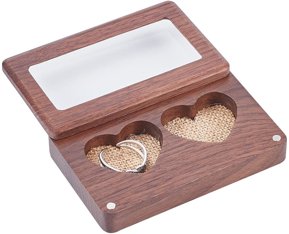 Dailygoody - Rustieke dubbele hart ringdoos - Gegraveerde houten standaard - Bruin - Bruiloft en Verloving - Perfect voor Valentijnsdag - Schattig en ...
