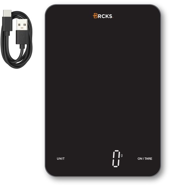 BRCKS Digitale Keukenweegschaal - Tot 10kg - 1g Precisie - USB-C Oplaadbaar - Weegschaal Keuken - Tarra & Geheugen - Mat Zwart