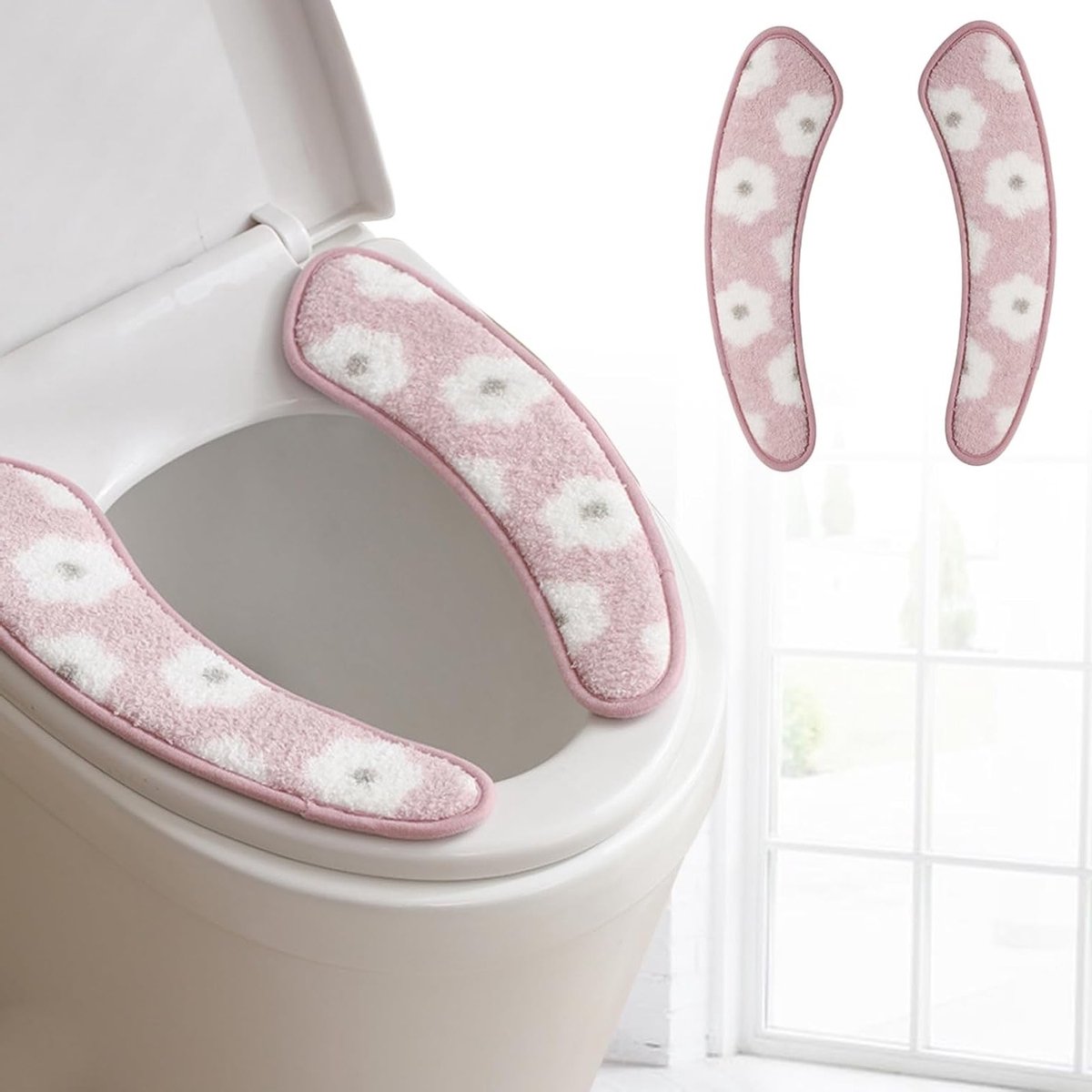 Dikke en Warme Toiletstoel Cover - Wasbaar en Herbruikbaar Kussen met TPR Lijm en Bloemenpatroon voor Comfort en Isolatie (Roze)