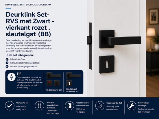 Mat zwarte deurklink set RVS met vierkante rozet en sleutelgat op een witte deur.