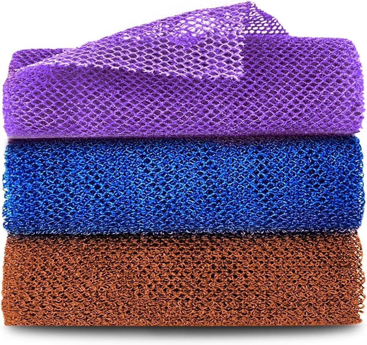 Set van 3 Afrikaanse Mesh Bad Sponsen - Schuimspons voor Diepe Reiniging en Peeling (Paars, Blauw, Koffie)