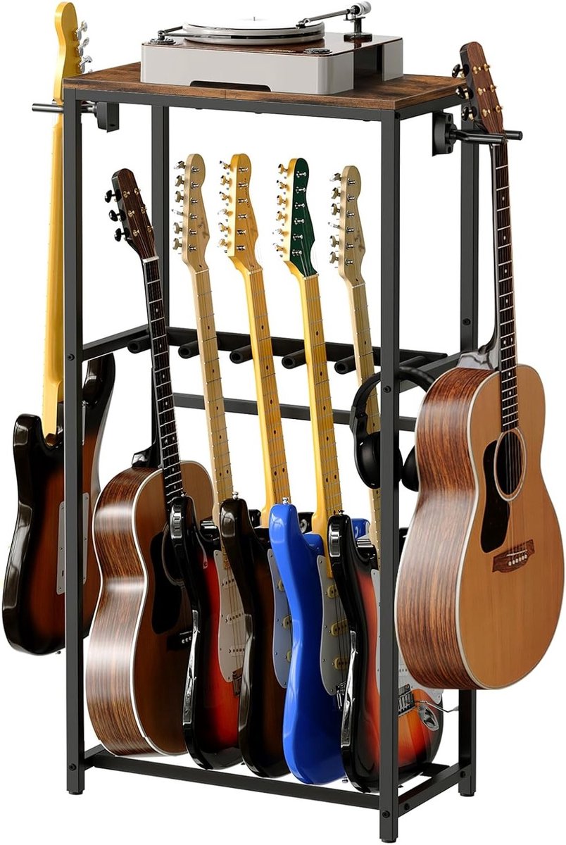 Gelaagde Gitaarstandaard voor Akoestische en Elektrische Gitaren, Bas, Ukulele en Banjo met Accessoires en Beschermende EVA Film, Bruin en Zwart