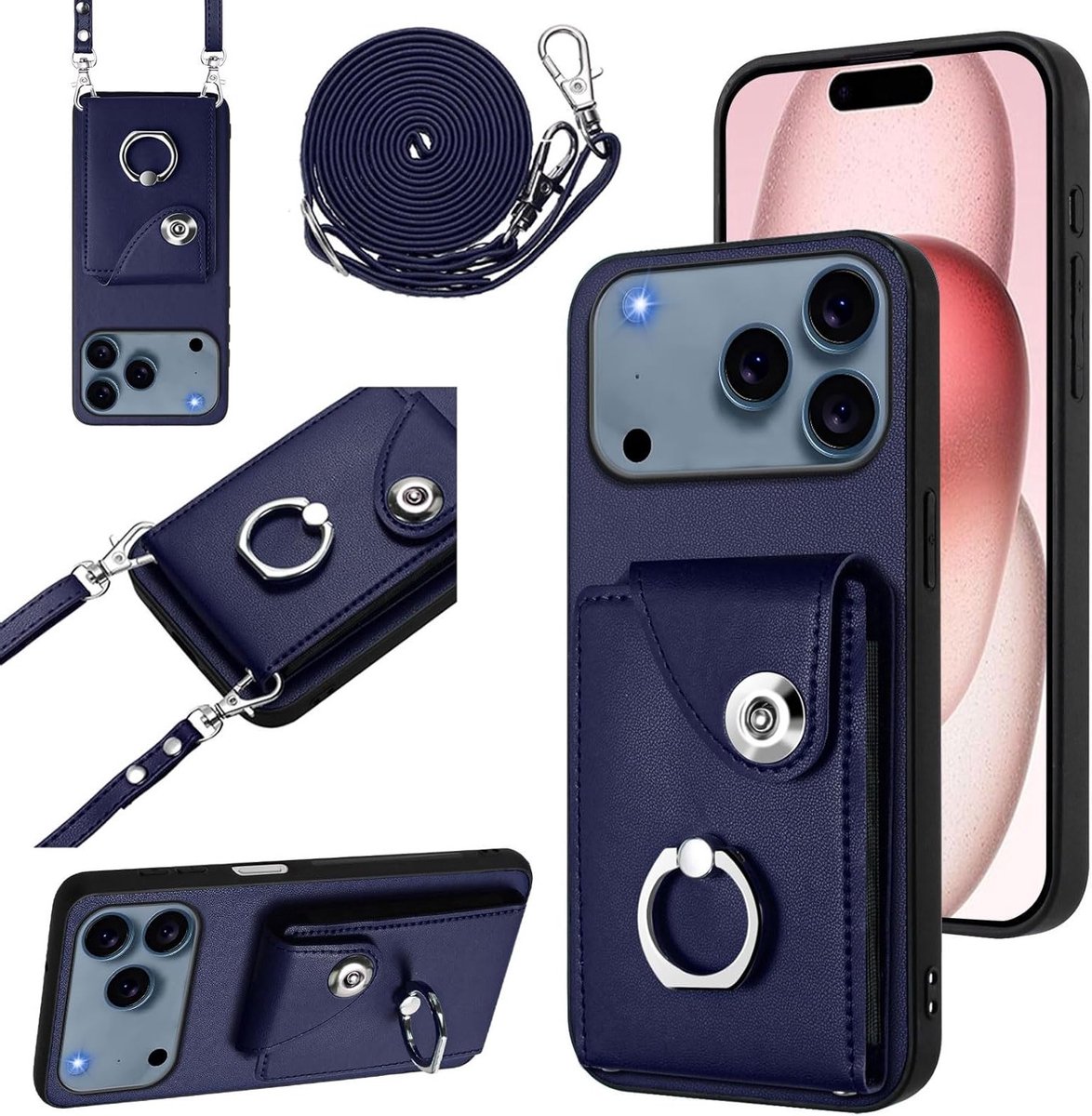 iPhone 17 Pro Max Hoes met Strap, Ringstand en Kaartcompartiment - Schokbestendige Wallet Case voor Vrouwen met Verstelbare Nekkoord