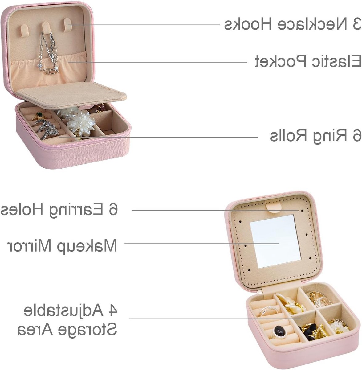 Kleine sieradenopbergdoos met spiegel, draagbare PU leren organizer voor ringen, oorbellen en kettingen, perfect als cadeau voor vrouwen in roze