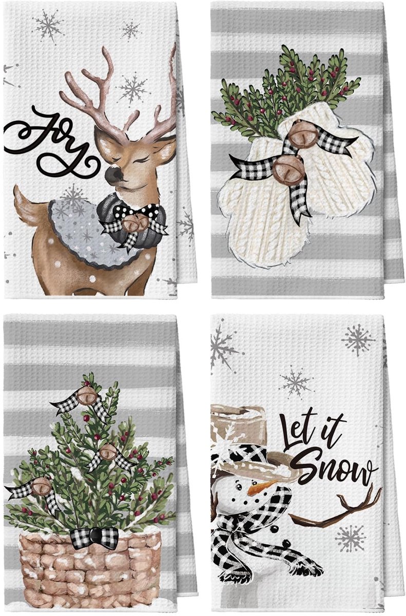 Dailygoods - Dailygoody - Keukendoeken - Kerstmis - Set van 4 - 42 x 65 cm - Absorberend microvezel - Rendier sneeuwpop patroon - Geschikt voor volwassenen - Wit