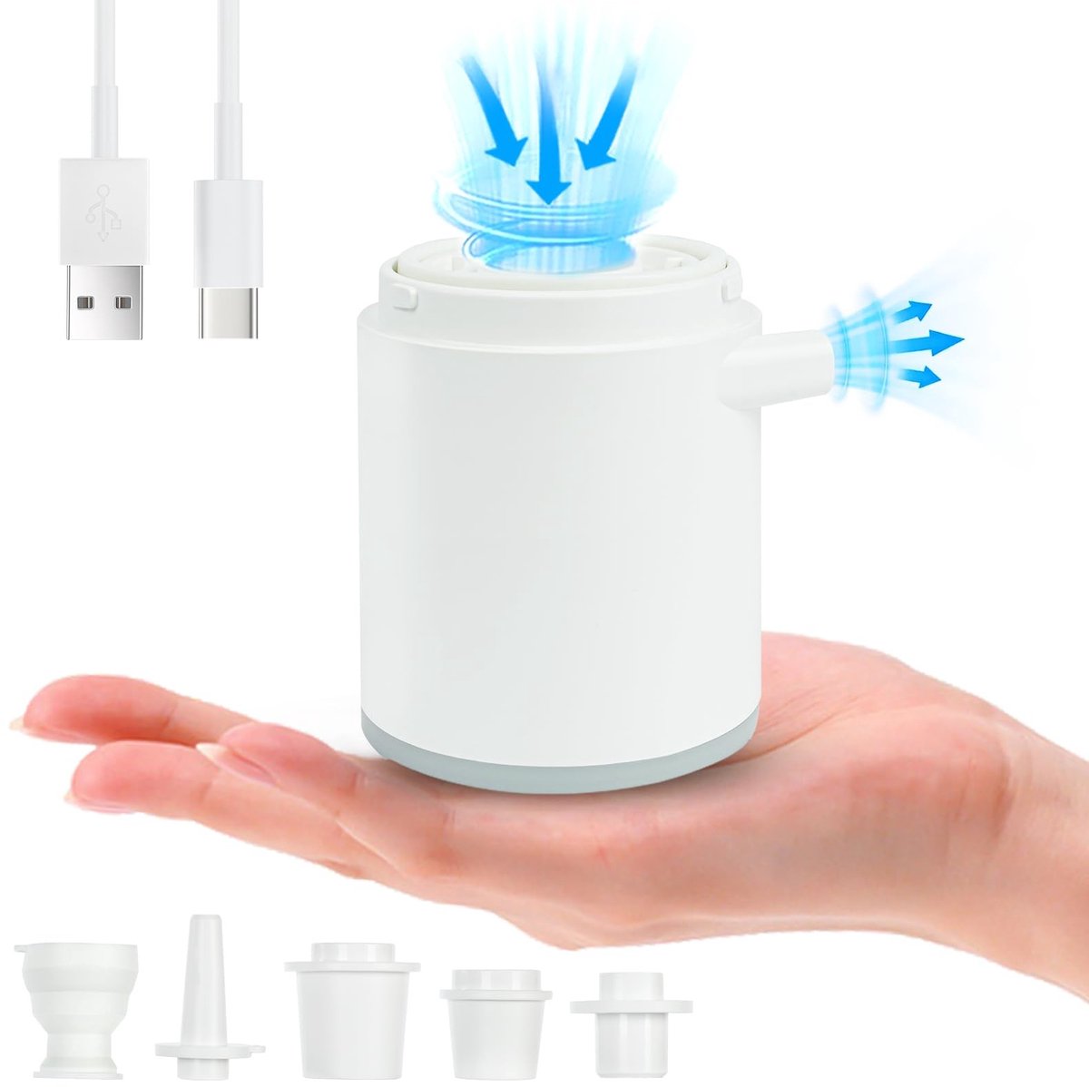 Dailygoods - Dailygoody - Draagbare luchtpomp - Elektrische luchtpomp - USB-oplaadbare batterij - Mini-luchtpomp - Luchtbed - 5 spuitmonden