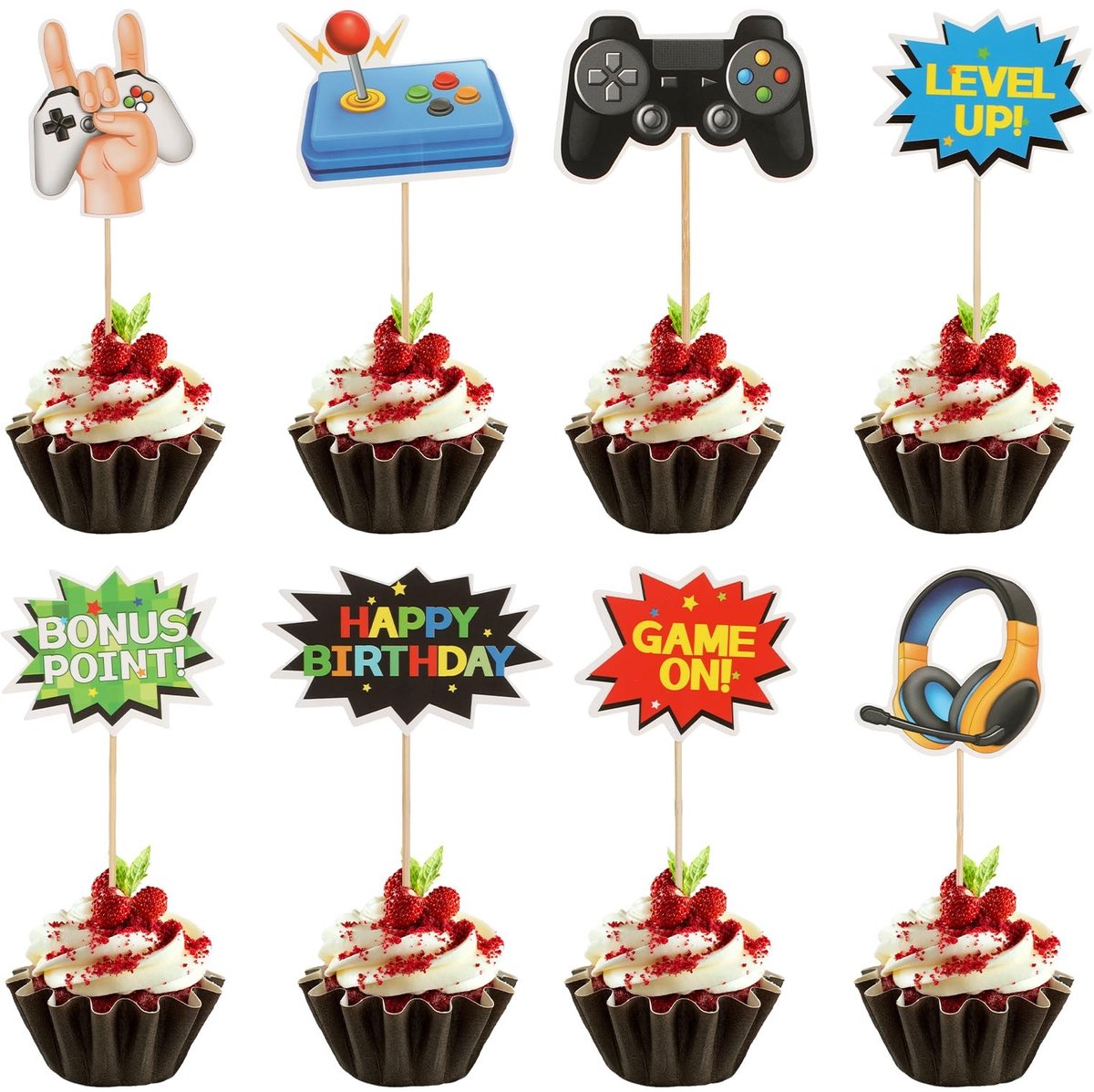 Dailygoods - Dailygoody - Taartdecoratie - Gamers - Creatieve cupcake-toppers - Zwart - Verjaardagsfeest - Videogames - Geschikt voor kinderen - 40 stuks
