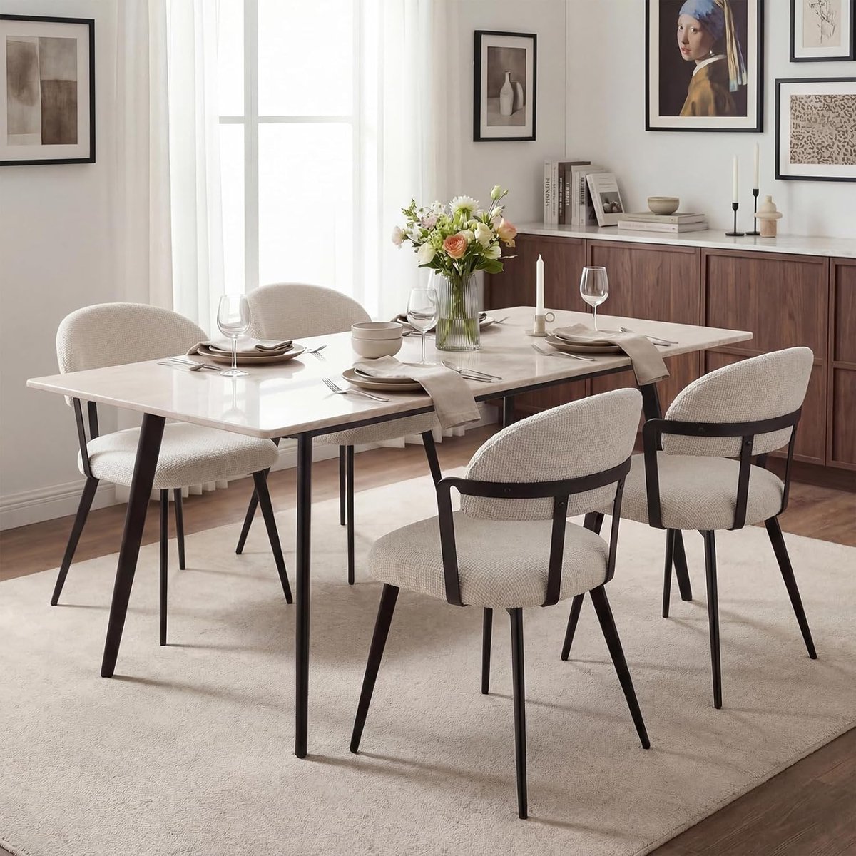 Veloura Nordic Chenille Eetkamerstoelen Set van 2 – Scandinavische Keukenstoelen zonder Armleuningen met Chenille Bekleding, Metalen Poten, Ergonomische Rugleuning, Beige 44 x 47 x 77 cm