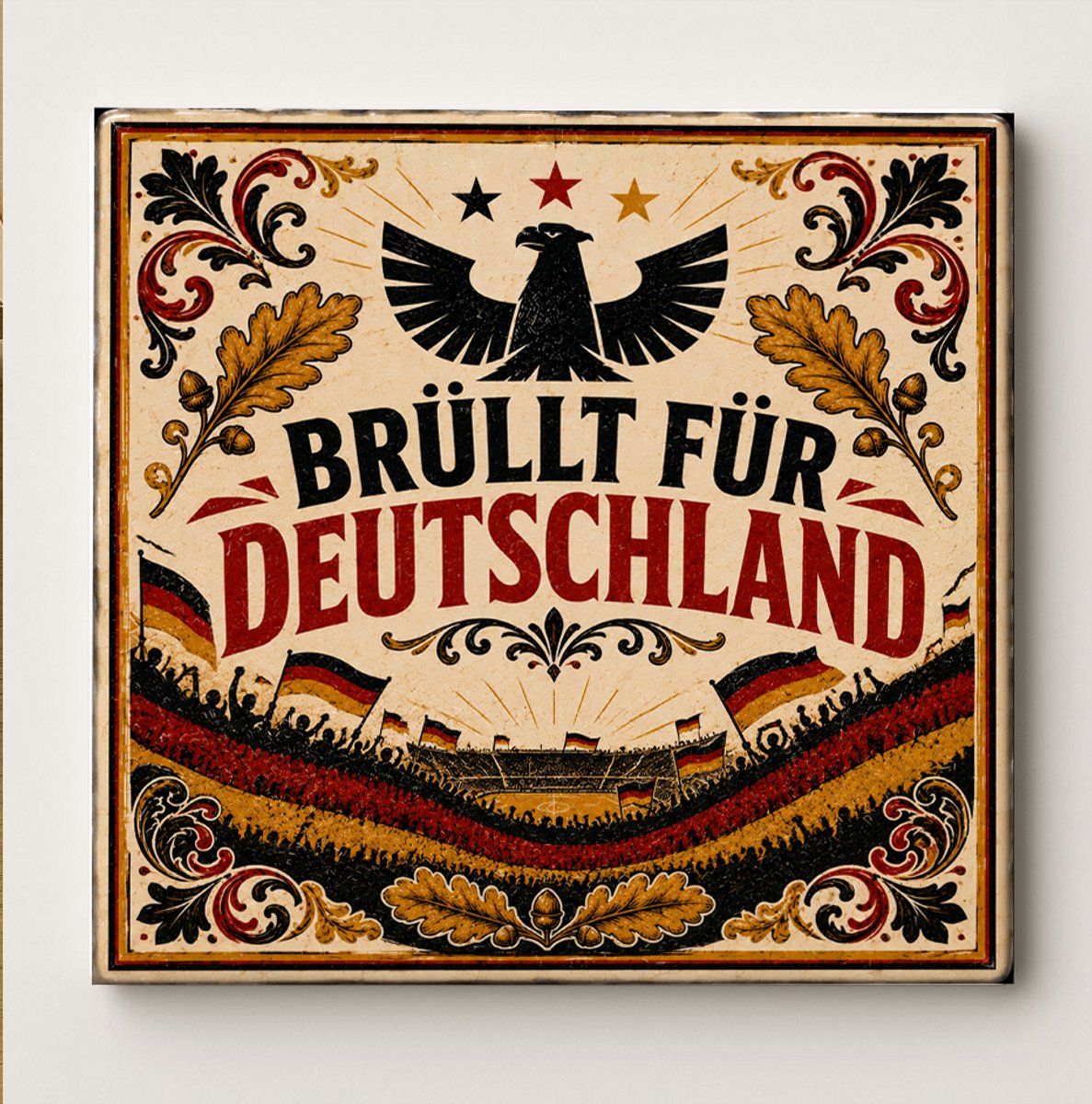 Decoratieve keramische wandtegel – “Brüllt für Deutschland” Duitse adelaar patriottische kunsttegel – vintage Duitsland voetbal fan wanddecoratie – zwart rood goud Deutschland sport cadeau voor keuken, badkamer en interieurdecoratie