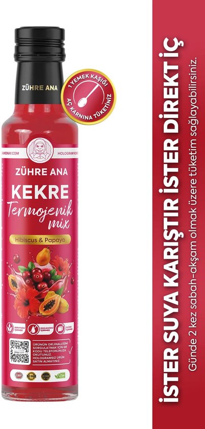 Zühre Ana Kekre Termojenik Mix Hibiscus & Papaya – Kruidendrank Concentraat met Mate, Gember & L-Carnitine – 250 ml