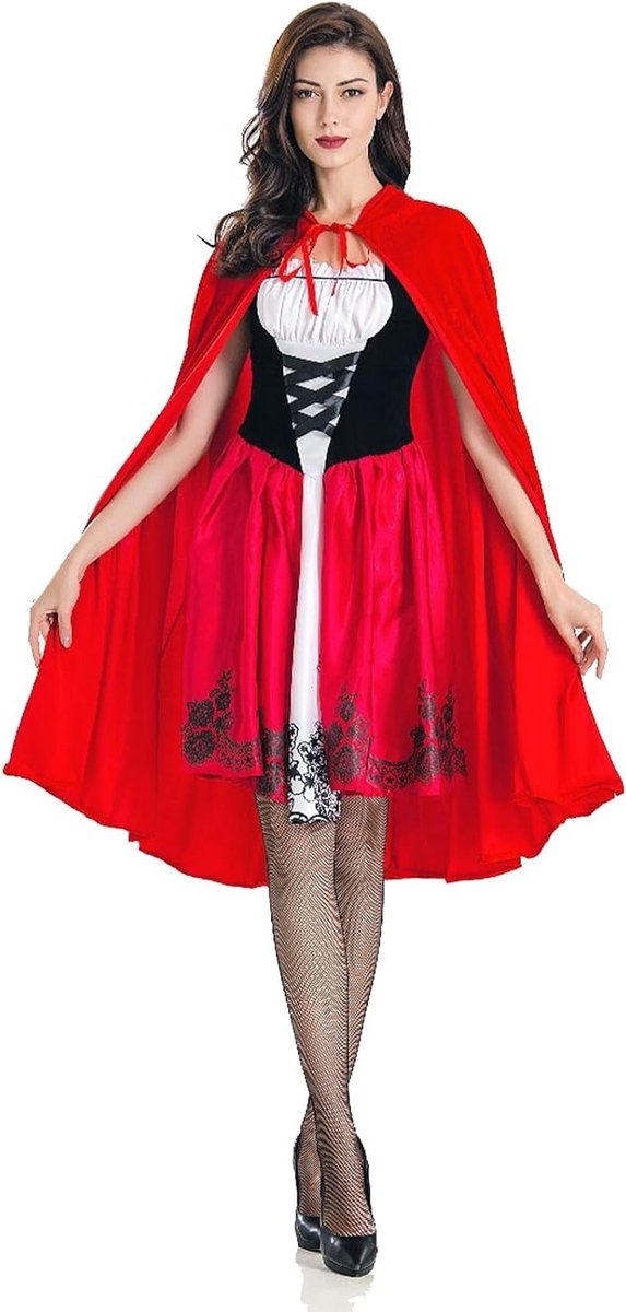 Vrouwelijk Roodkapje Kostuum voor Carnaval en Halloween met Rode Cape en Zwarte Kousen - Sprookjes Cosplay Outfit voor Feestjes