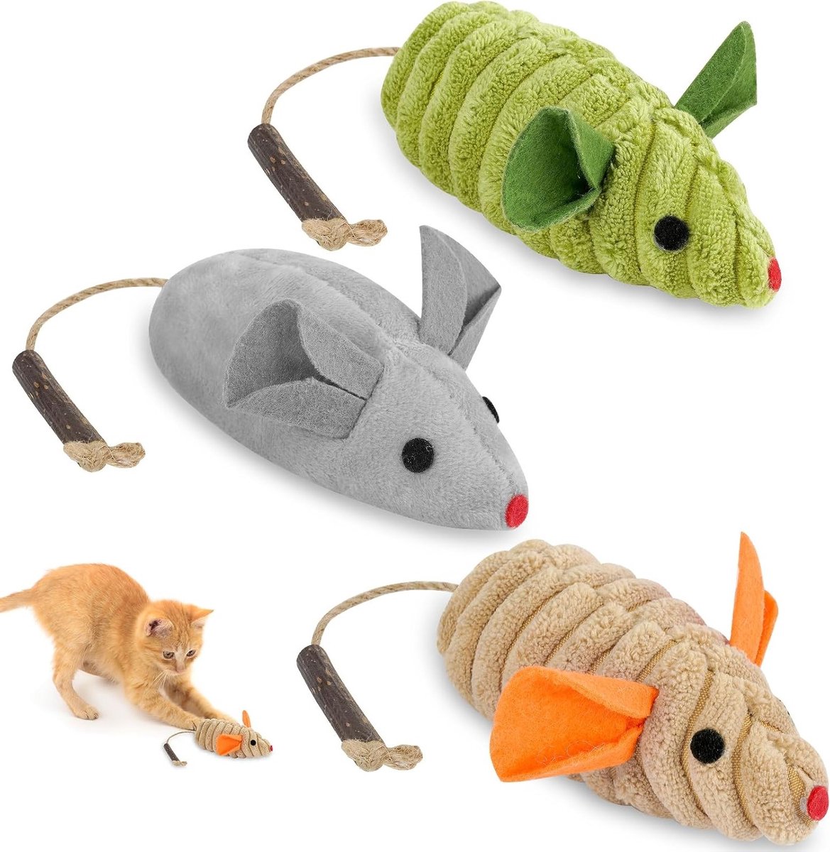 3-Pack Catnip Sticks voor Katten, Pluche Muizen en Kauwspeelgoed, Natuurlijke Speeltjes voor Tandverzorging en Slechte Adem