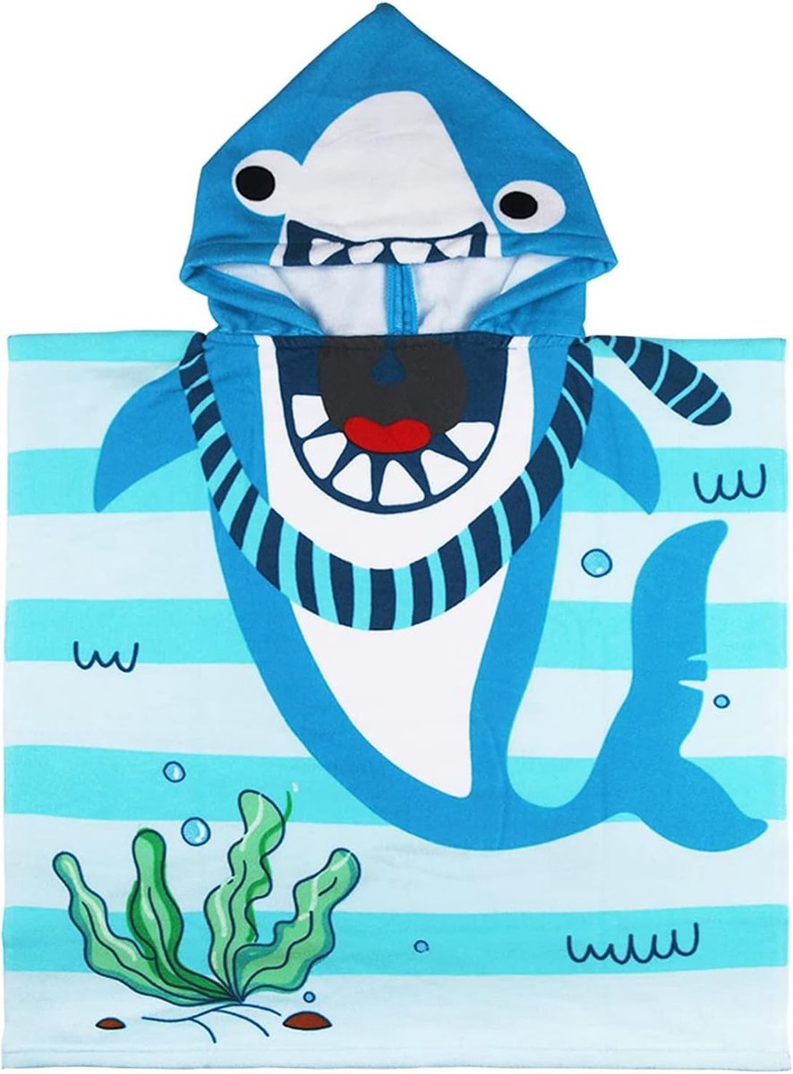 Schattige Cartoon Badcape met Kap voor Kinderen, Zachte en Sterke Absorberende Poncho voor Jongens en Meisjes, Ideaal voor Strand en Bad (Blauwe Gestreepte Haai)