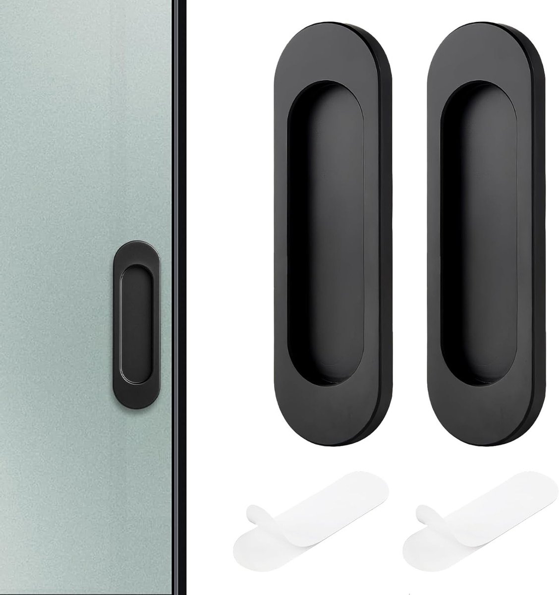 Set van 2 zelfklevende ovale schuifdeurgrepen, mat zwart, modern ontwerp voor schuifdeuren, ramen en kasten, 100 mm, eenvoudig te installeren en duurzaam