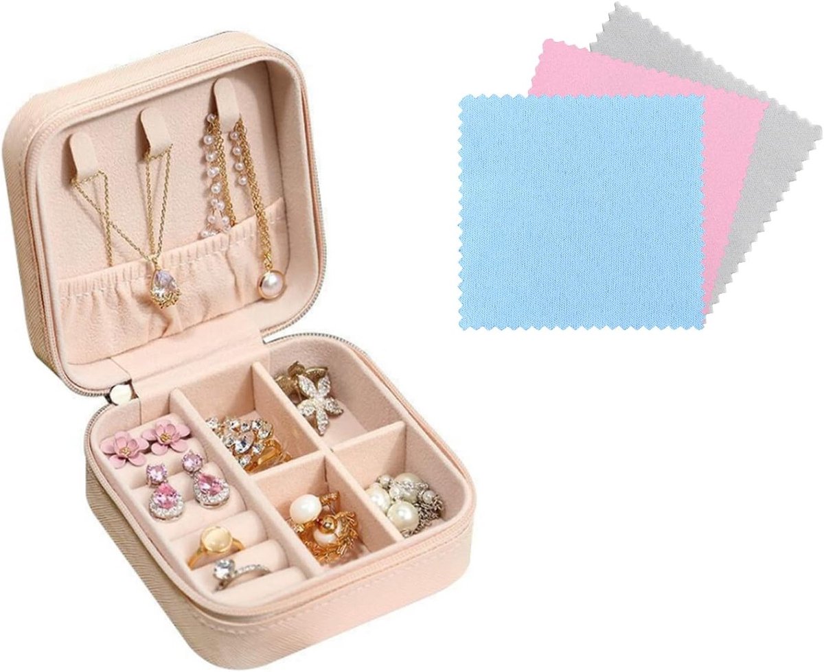 Mini Travel Sieraden Organizer van PU Leer met 3 Stukken Zilverstof voor Ringen, Oorbellen en Kettingen - Draagbare Sieradenopberger (Roze)