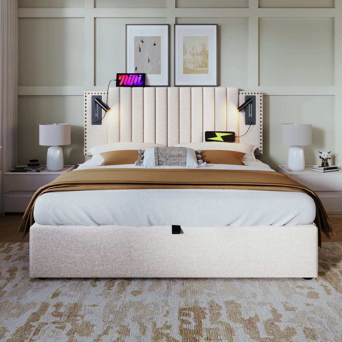 VVBV Bed met opbergruimte 160x200 / Tweepersoonsbed 160x200 – met USB, USB-C, Lattenbodem – Hoofdbord – Rugleuning – Beige – Zonder Matras
