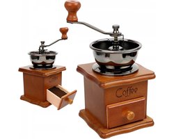 Koffiemolen, bruin, retro, handmatige koffiemolen op hout met handslinger, draagbaar, in antiek design, espressomolen voor koffiebonen, roestvrij staal