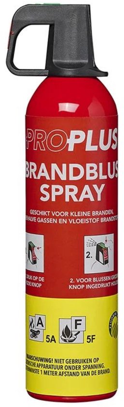 Rode brandblusser spray met zwarte en gele opdruk. Met instructies en pictogrammen.