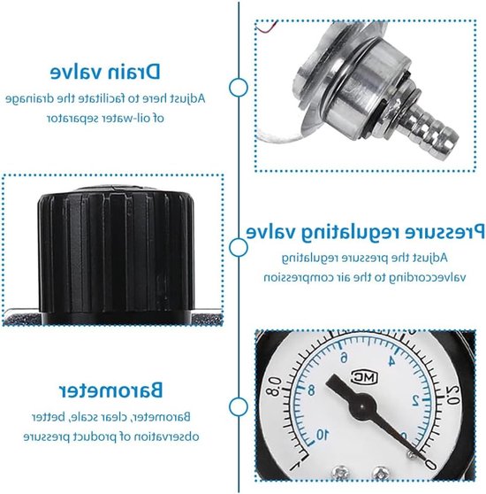 Drukregelaar voor Samengeperste Lucht met Waterafscheider en Accessoires voor Compressoren - 1/4 Inch, Luchtfilter en Efficiënte Waterafvoer — afbeelding 5