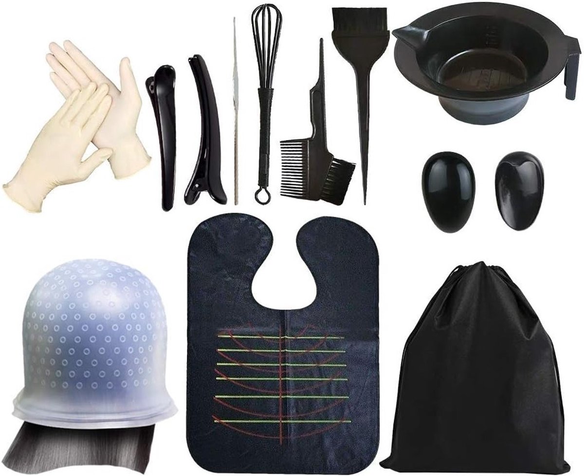 14-delige Haarverf Set met Verfkom, Borstel, Oorkappen, Handschoenen en Opbergtas voor Thuisgebruik
