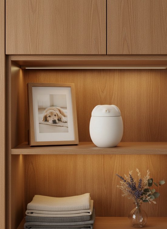 Een witte keramieken urn met een dierengezicht staat naast een hondenportret op een houten plank.