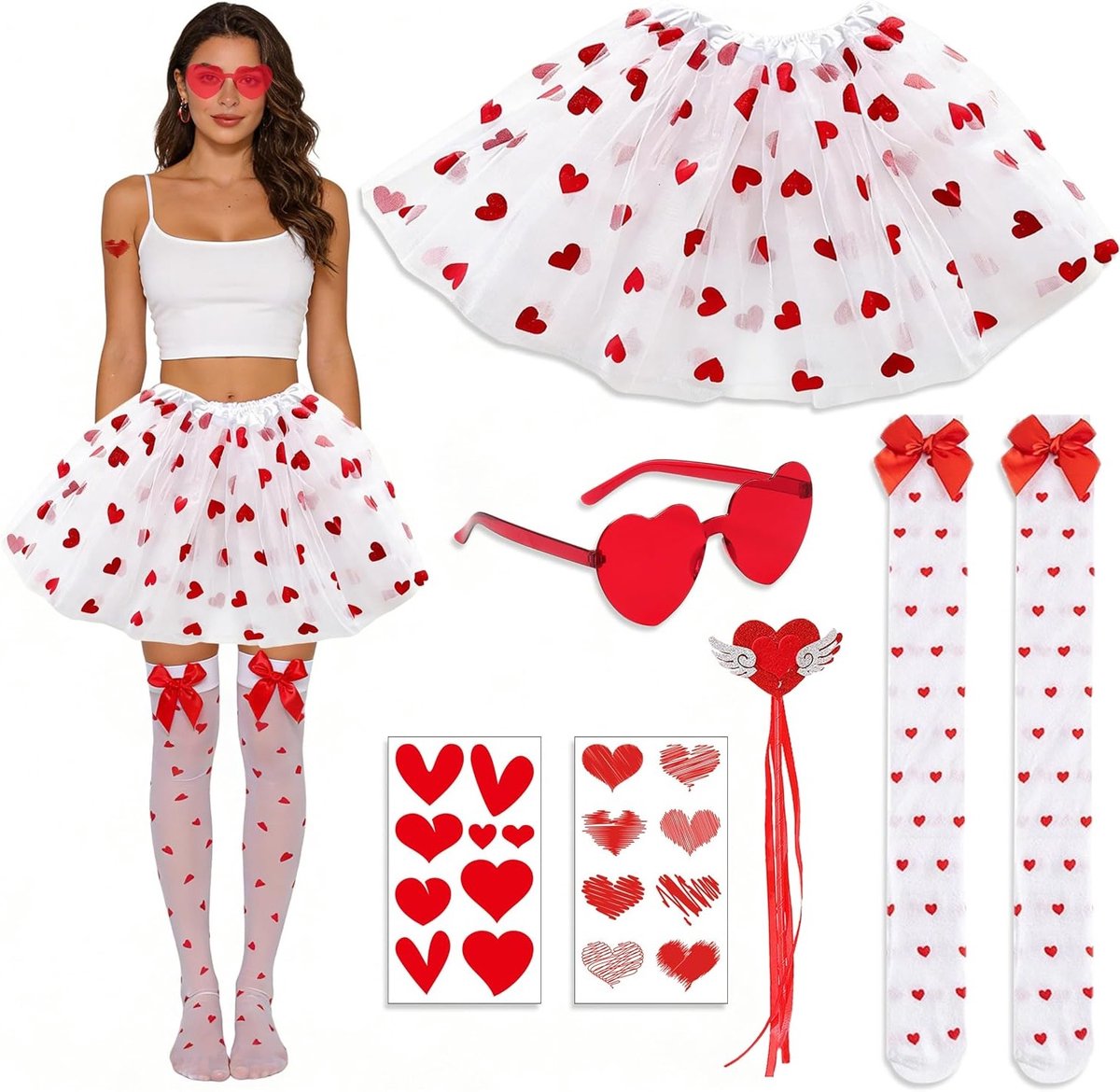 7-delige Amor Kostuum voor Vrouwen met Tüllrok, Hoofdband, Toverstaf, Sokken en Tatoeages voor Valentijnsdag, Carnaval en Cosplay Feesten
