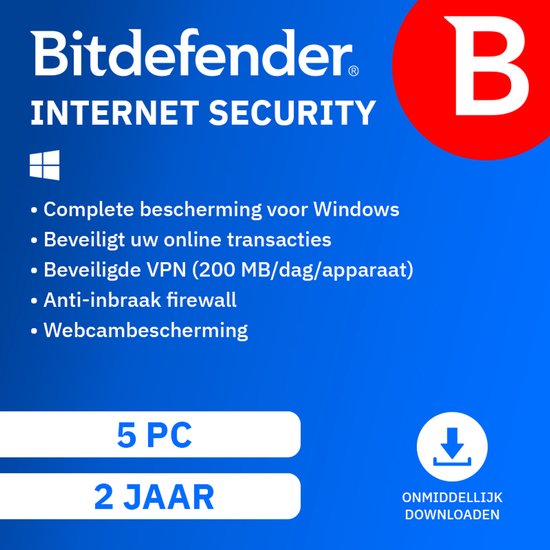 Bitdefender Internet Security. 5 pc, 2 jaar. Download direct.