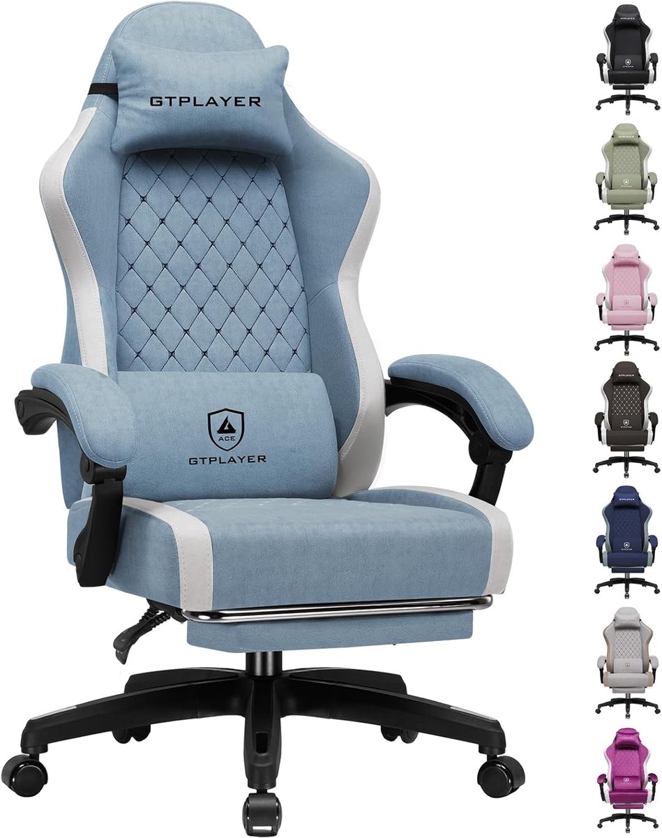 GTPLAYER - Gaming Stoel - Ergonomisch met Ademende Stof en Voetensteun - Lichtblauw