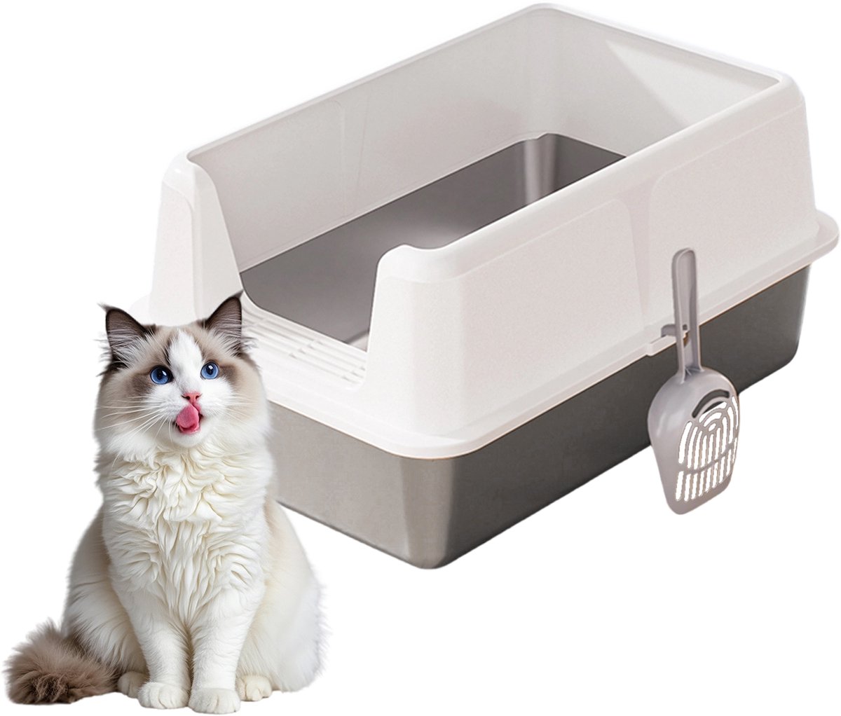 Grote RVS Kattenbak met Hoge Rand en Uitlooprooster - Roestvrijstaal - Semi-Gesloten Anti-Lek Design - Geurvrij - 60x40x35.5 cm - wit