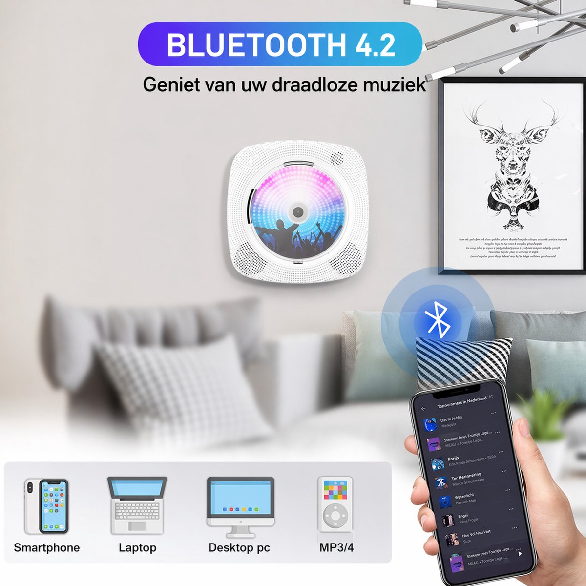 2 IN 1 Draagbare CD/DVD Speler Met HDMI - Bluetooth - USB - FM-Radio - AUX - Wand Monteerbaar - Wit thumbnail 4