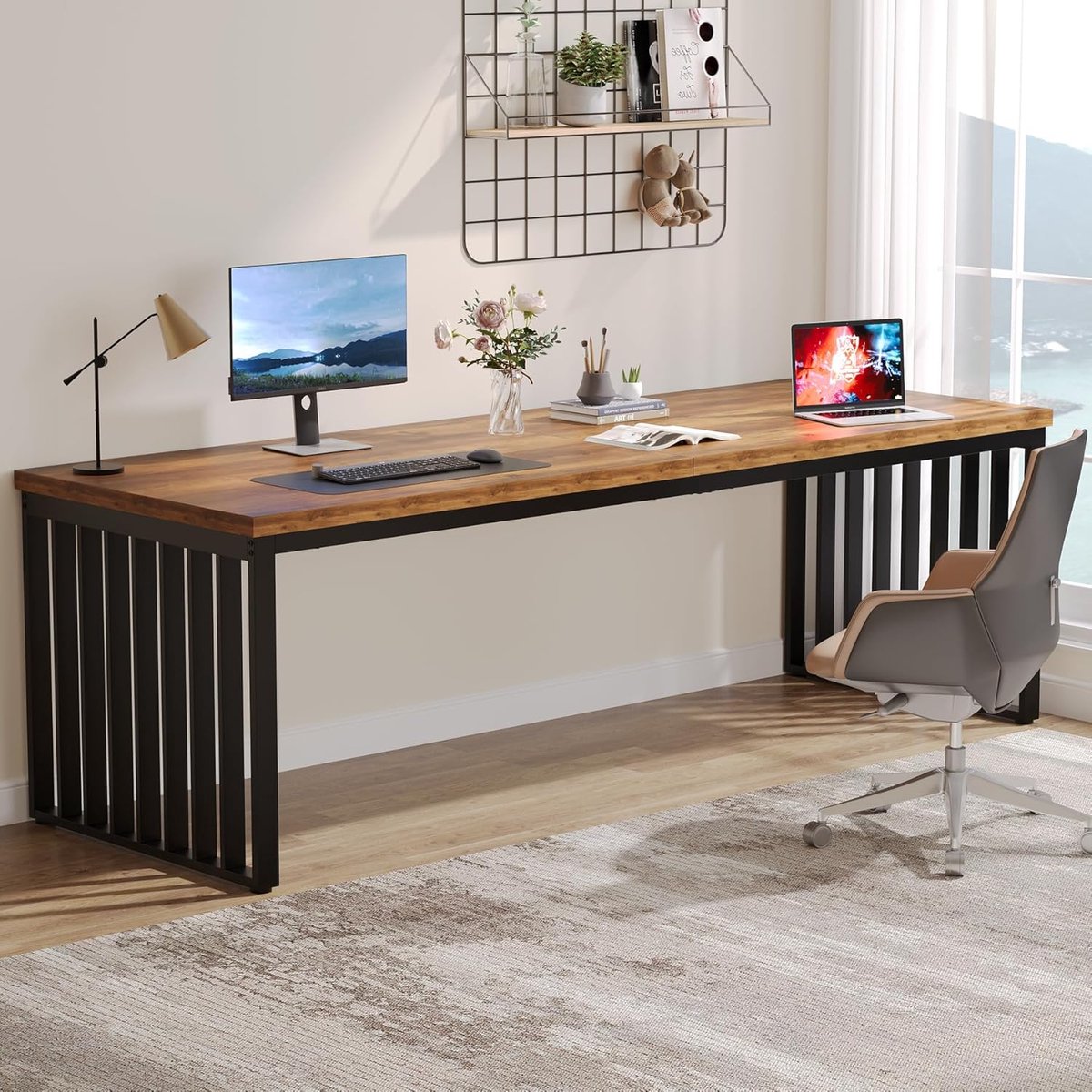 Bureau 180x60 cm Groot Computerbureau 2 Persoons Werkbureau Industrieel Thuiskantoor Bruin Zwart - Vermissen
