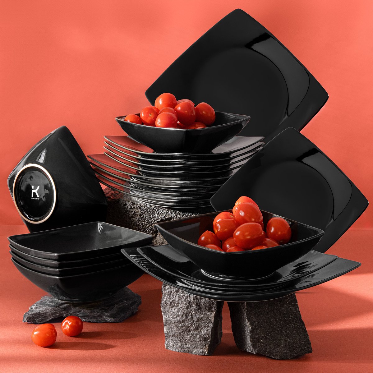 KONSIMO® EPIRI - 18 delig - 6 persoons - Keramiek - Dessertbord, Diepbord, Dinerbord - Zwart