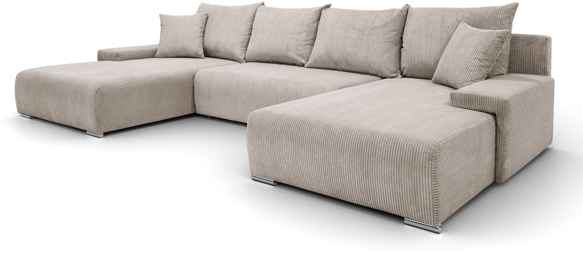 Hoekbank Lauren U-vorm, 348x188 cm met Slaapfunctie en Opbergbak, 5-zits, Opbergruimte voor Beddengoed, Grote bank, Hoekbank, Corduroy, Beige