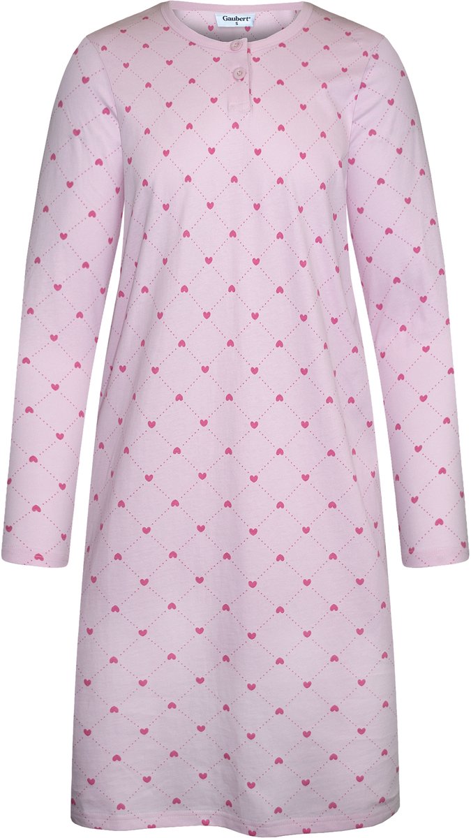 Gaubert Essential Dames Nachthemd Lange Mouw - Premium Gekamd Katoen - Hartjes - Roze - Maat XL - GB-6823